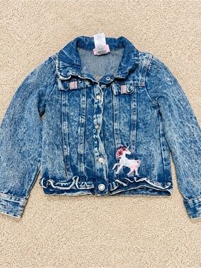 Little Lass Girls Unicorn Ruffle Denim Jacket Size 5